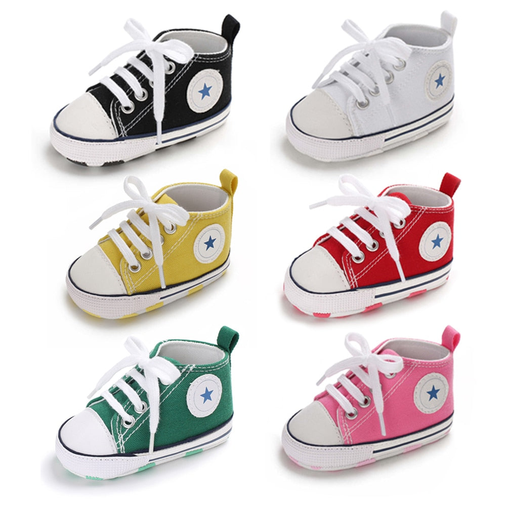 Baby Shoes Boy Girl Star Solid Sneaker Cotton Soft Anti-Slip Sole Newborn Infant First Walkers Toddler Casual Canvas Crib Shoes - Baby Homez