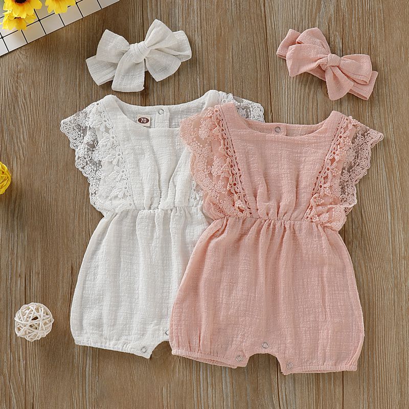 Summer Baby Girl Rompers Newborn Baby Clothes Toddler Flare Sleeve Solid Lace Design Romper Jumpsuit with Headband One-Pieces - Baby Homez