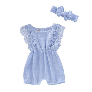 Summer Baby Girl Rompers Newborn Baby Clothes Toddler Flare Sleeve Solid Lace Design Romper Jumpsuit with Headband One-Pieces - Baby Homez