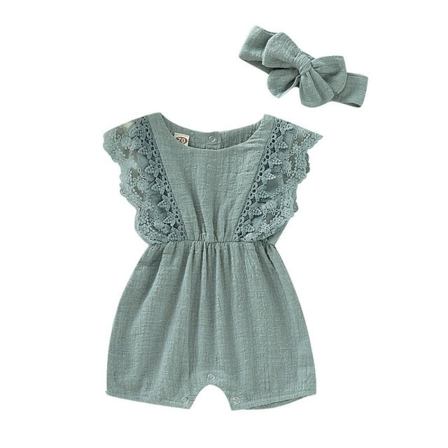Summer Baby Girl Rompers Newborn Baby Clothes Toddler Flare Sleeve Solid Lace Design Romper Jumpsuit with Headband One-Pieces - Baby Homez