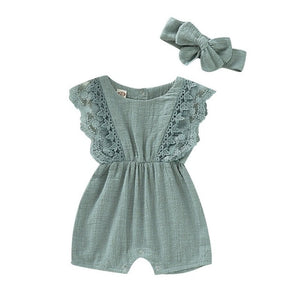 Summer Baby Girl Rompers Newborn Baby Clothes Toddler Flare Sleeve Solid Lace Design Romper Jumpsuit with Headband One-Pieces - Baby Homez