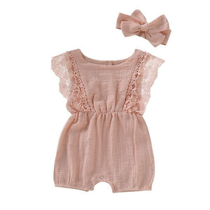 Summer Baby Girl Rompers Newborn Baby Clothes Toddler Flare Sleeve Solid Lace Design Romper Jumpsuit with Headband One-Pieces - Baby Homez