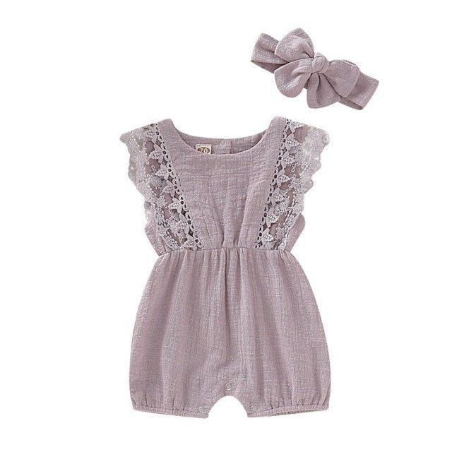 Summer Baby Girl Rompers Newborn Baby Clothes Toddler Flare Sleeve Solid Lace Design Romper Jumpsuit with Headband One-Pieces - Baby Homez