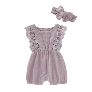 Summer Baby Girl Rompers Newborn Baby Clothes Toddler Flare Sleeve Solid Lace Design Romper Jumpsuit with Headband One-Pieces - Baby Homez