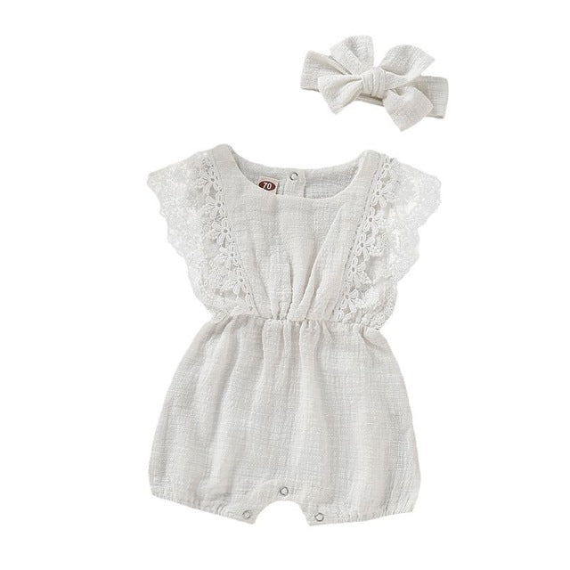 Summer Baby Girl Rompers Newborn Baby Clothes Toddler Flare Sleeve Solid Lace Design Romper Jumpsuit with Headband One-Pieces - Baby Homez