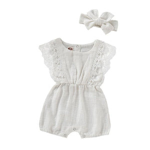 Summer Baby Girl Rompers Newborn Baby Clothes Toddler Flare Sleeve Solid Lace Design Romper Jumpsuit with Headband One-Pieces - Baby Homez