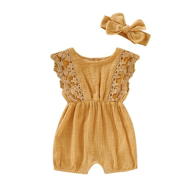 Summer Baby Girl Rompers Newborn Baby Clothes Toddler Flare Sleeve Solid Lace Design Romper Jumpsuit with Headband One-Pieces - Baby Homez