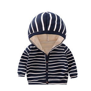Baby Spring Autumn Striped Cardigan Button Velvet Lining Clothes Newborn Infant Baby Girls Boys Long Sleeves Coat Tops Jacket - Baby Homez