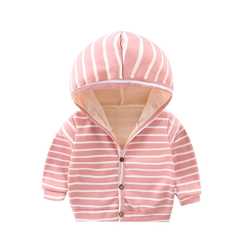 Baby Spring Autumn Striped Cardigan Button Velvet Lining Clothes Newborn Infant Baby Girls Boys Long Sleeves Coat Tops Jacket - Baby Homez