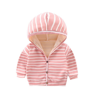 Baby Spring Autumn Striped Cardigan Button Velvet Lining Clothes Newborn Infant Baby Girls Boys Long Sleeves Coat Tops Jacket - Baby Homez