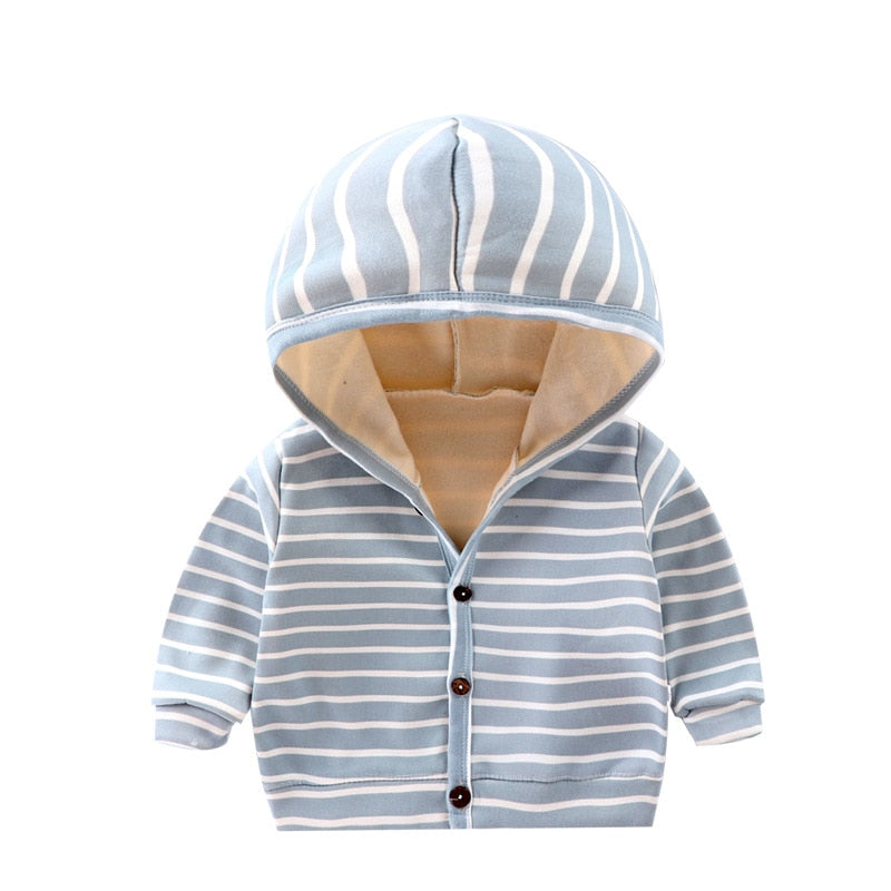 Baby Spring Autumn Striped Cardigan Button Velvet Lining Clothes Newborn Infant Baby Girls Boys Long Sleeves Coat Tops Jacket - Baby Homez