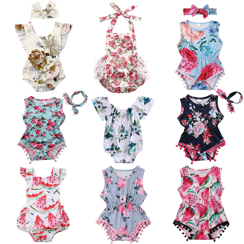 Infant Newborn Baby Girls Romper Summer Baby Clothes Flower Watermelon Print Tassel Jumpsuit Playsuit Sunsuit Baby Girl Costumes - Baby Homez