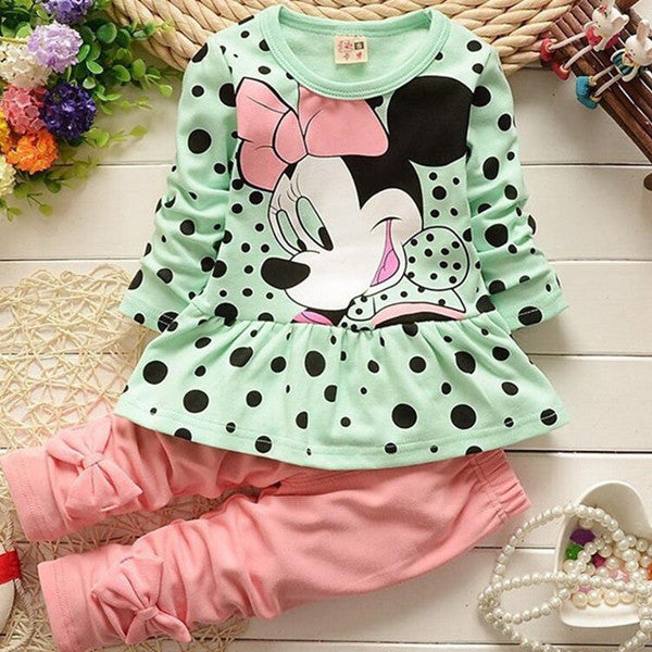 Girls clothing sets Mickey Children Clothes Set Cotton Bow Tops T shirt Leggings Pants Baby Kids 2 Pcs Suit Costume For 0-4 Year - Baby Homez
