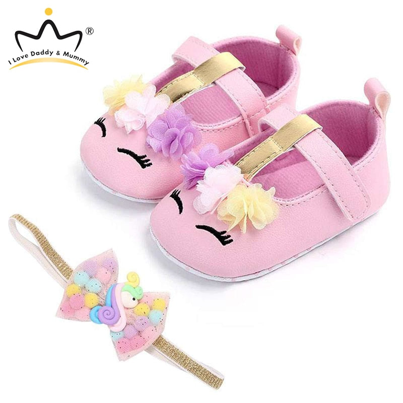 Baby Shoes Headband Set Cute Flower Unicorn Toddler Shoes For Girls Soft Sole Anti Slip Baby Girl Shoes First Walkers - Baby Homez