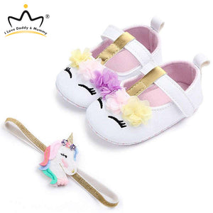 Baby Shoes Headband Set Cute Flower Unicorn Toddler Shoes For Girls Soft Sole Anti Slip Baby Girl Shoes First Walkers - Baby Homez
