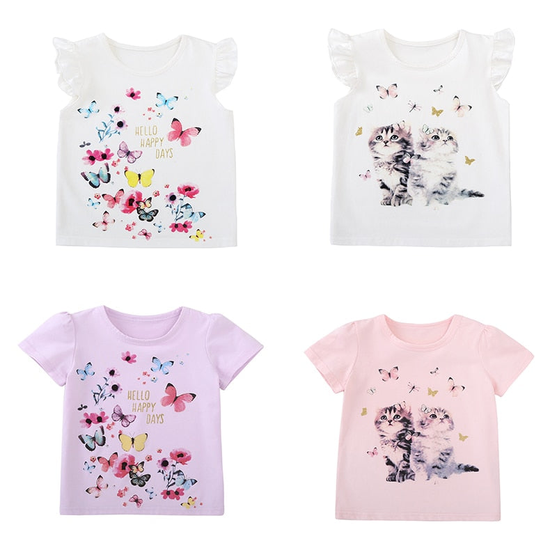 Cotton Baby Toddler Tops Kids Summer Short Sleeve T Shirt Girls Children's Clothing Princess Print Animal Cat Butterfly T-Shirt - Baby Homez